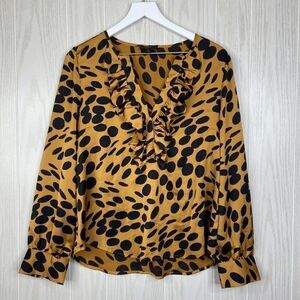 JCrew Long Sleeve Ruffle Front Top Wavy Dots Brown Women’s Size Medium